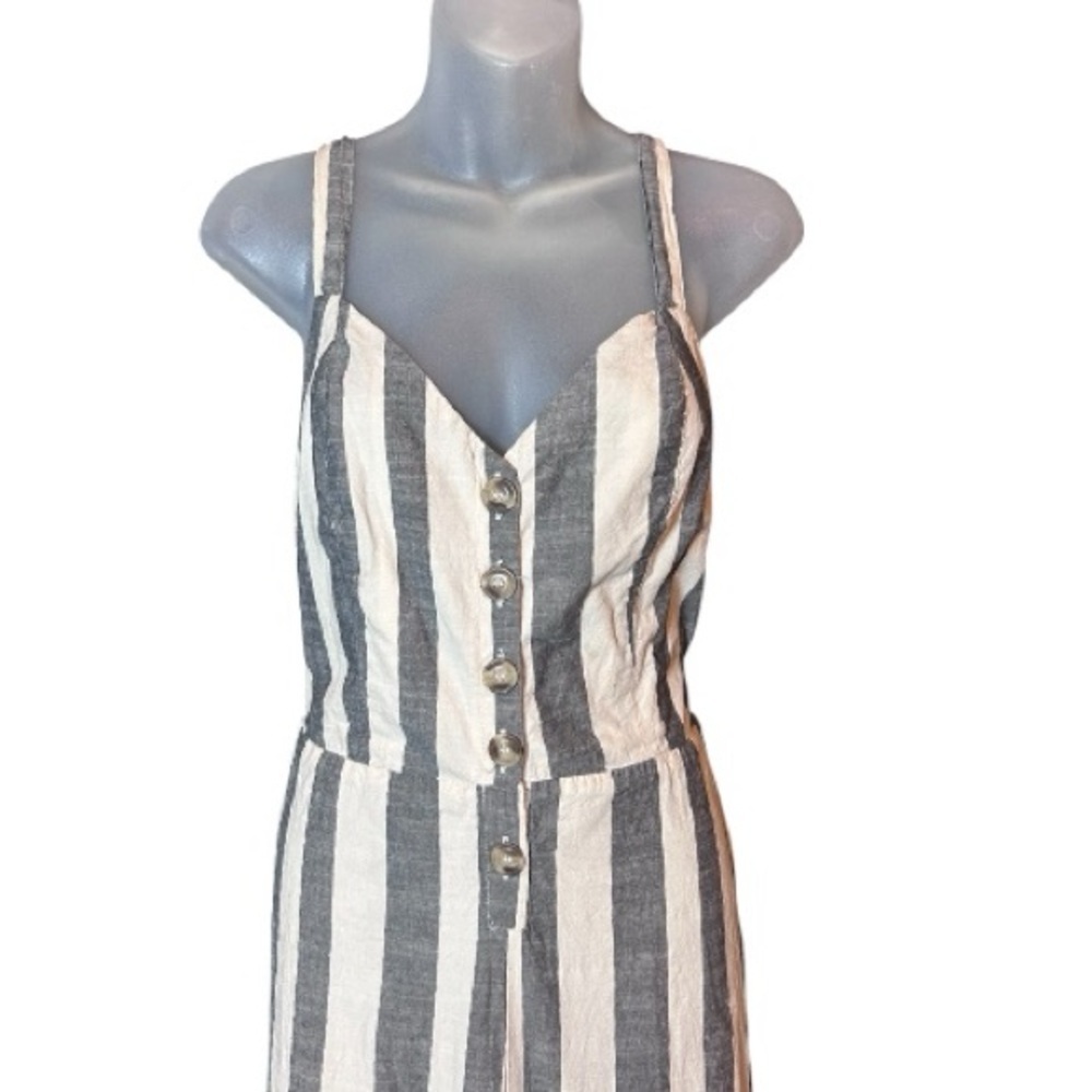 Japna Black Grey/Cream Striped 100% Cotton Jumpsuit, Size M Open Back Tie - Picture 5 of 11